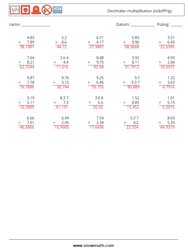 (25) Decimaler multiplikation (tvåsiffrig) Matematiska arbetsblad 18 Fråga, svar