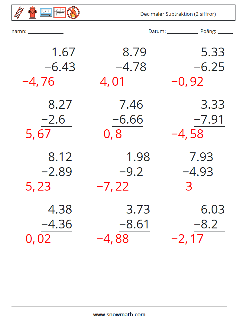 (12) Decimaler Subtraktion (2 siffror) Matematiska arbetsblad 10 Fråga, svar