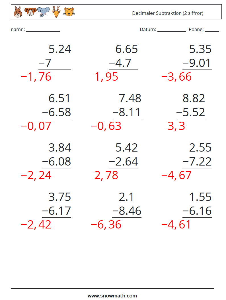 (12) Decimaler Subtraktion (2 siffror) Matematiska arbetsblad 11 Fråga, svar