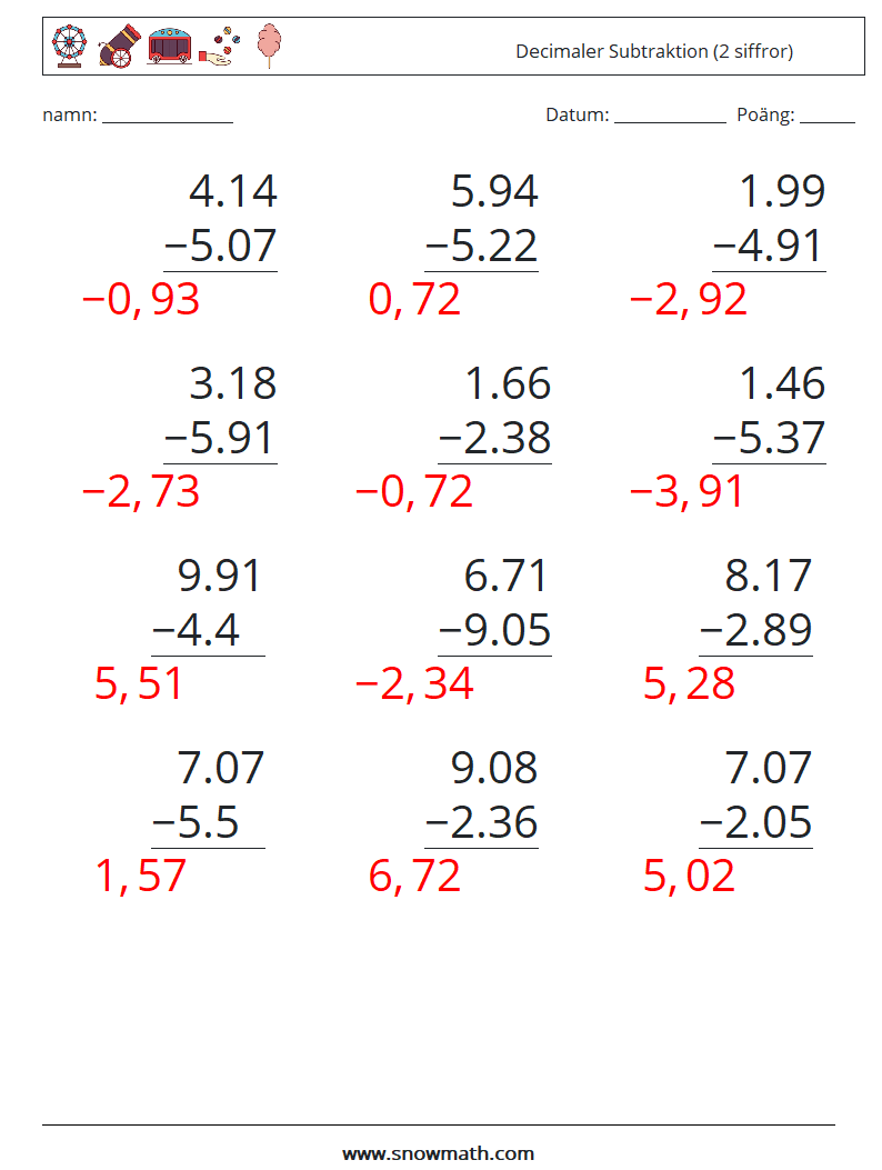 (12) Decimaler Subtraktion (2 siffror) Matematiska arbetsblad 12 Fråga, svar