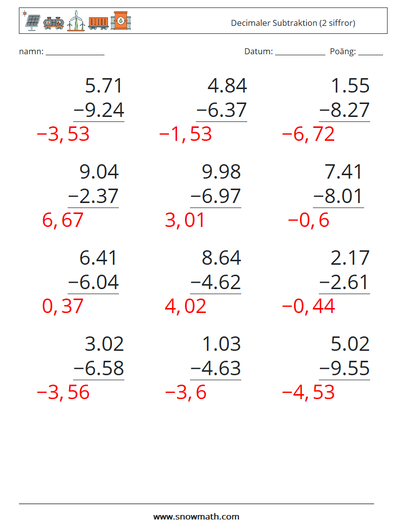 (12) Decimaler Subtraktion (2 siffror) Matematiska arbetsblad 13 Fråga, svar