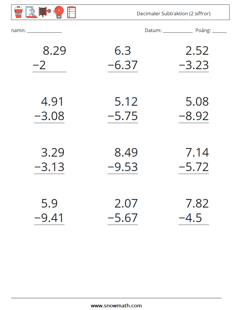 (12) Decimaler Subtraktion (2 siffror) Matematiska arbetsblad 17