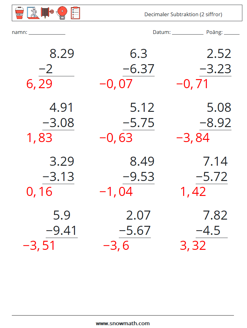 (12) Decimaler Subtraktion (2 siffror) Matematiska arbetsblad 17 Fråga, svar