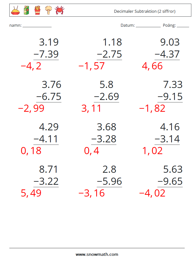 (12) Decimaler Subtraktion (2 siffror) Matematiska arbetsblad 1 Fråga, svar