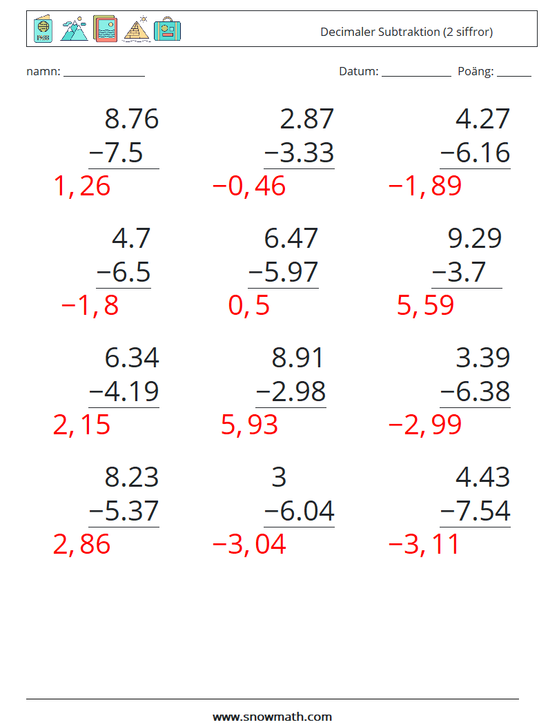 (12) Decimaler Subtraktion (2 siffror) Matematiska arbetsblad 6 Fråga, svar