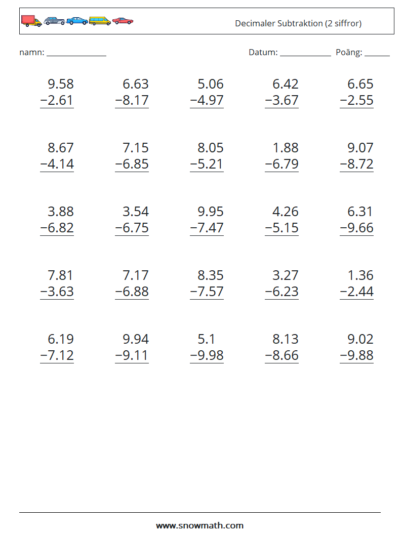 (25) Decimaler Subtraktion (2 siffror)