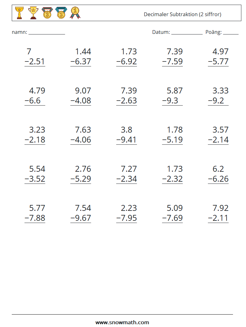 (25) Decimaler Subtraktion (2 siffror) Matematiska arbetsblad 10