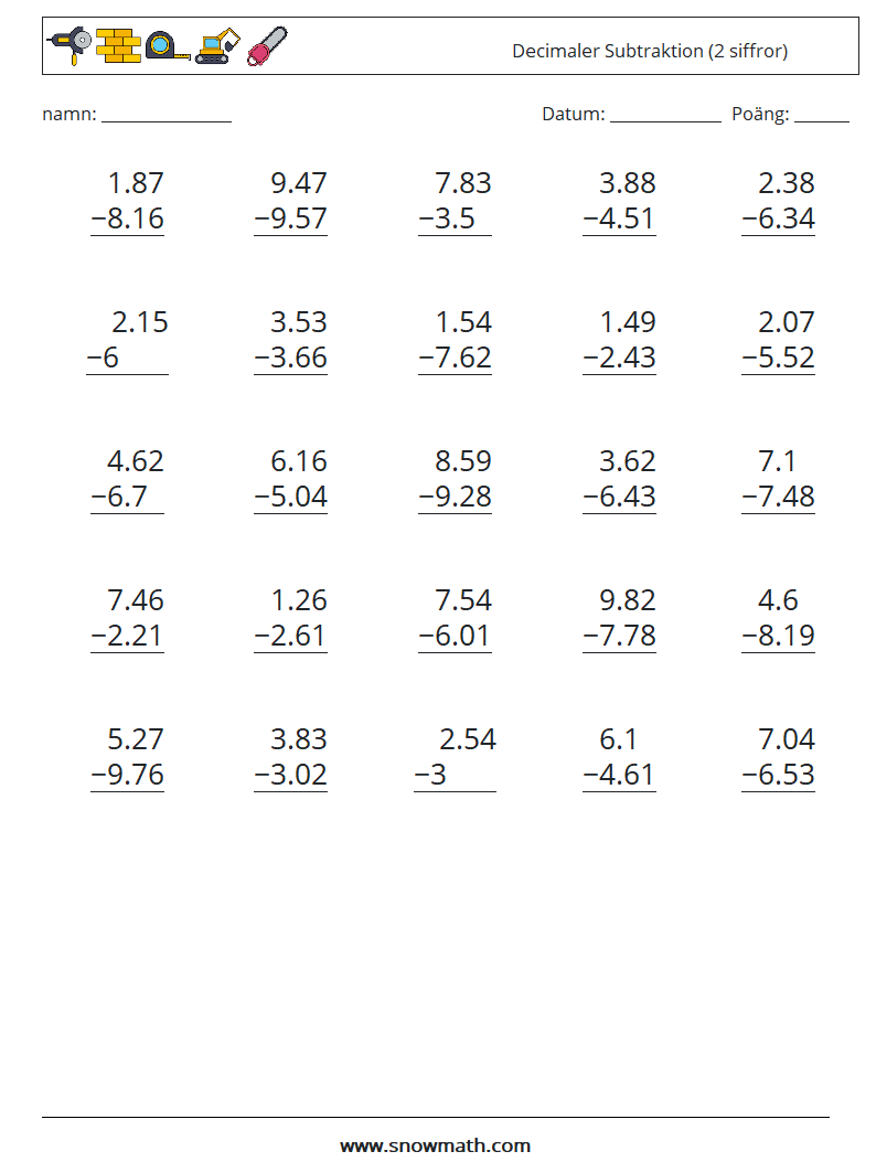 (25) Decimaler Subtraktion (2 siffror) Matematiska arbetsblad 11