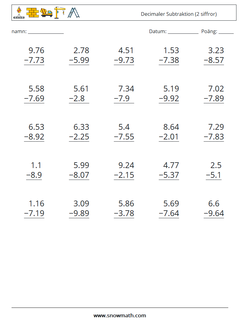 (25) Decimaler Subtraktion (2 siffror) Matematiska arbetsblad 12