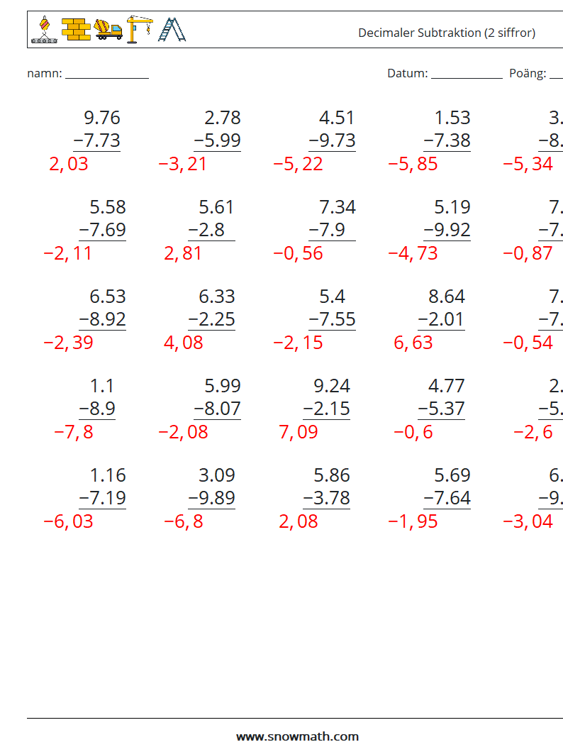 (25) Decimaler Subtraktion (2 siffror) Matematiska arbetsblad 12 Fråga, svar