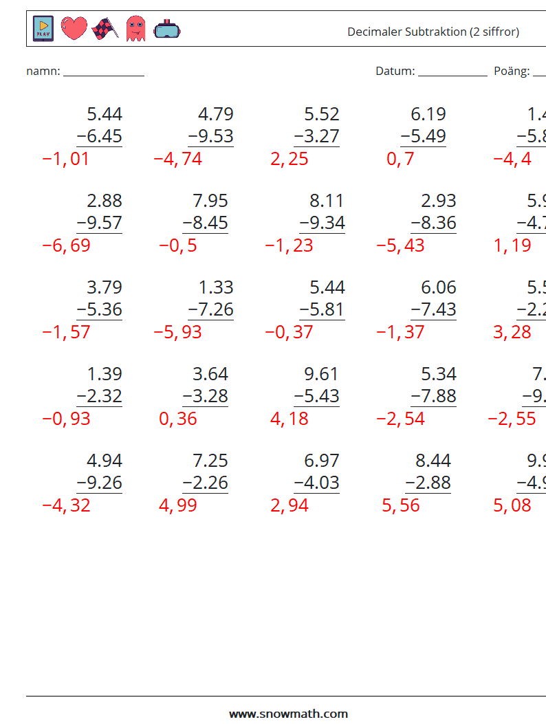 (25) Decimaler Subtraktion (2 siffror) Matematiska arbetsblad 13 Fråga, svar