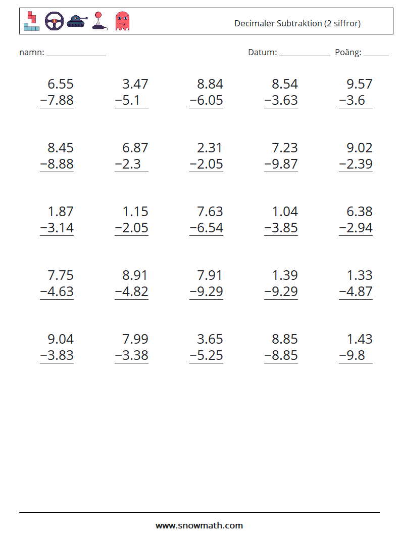 (25) Decimaler Subtraktion (2 siffror) Matematiska arbetsblad 14