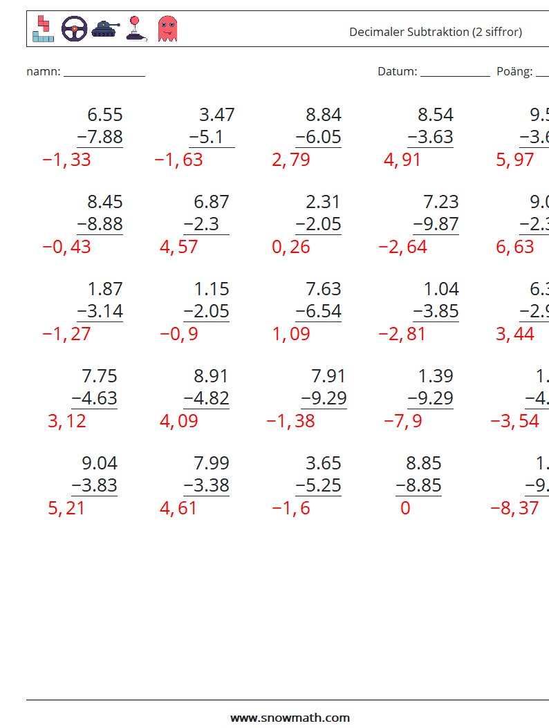 (25) Decimaler Subtraktion (2 siffror) Matematiska arbetsblad 14 Fråga, svar