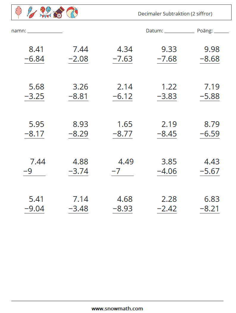 (25) Decimaler Subtraktion (2 siffror) Matematiska arbetsblad 15