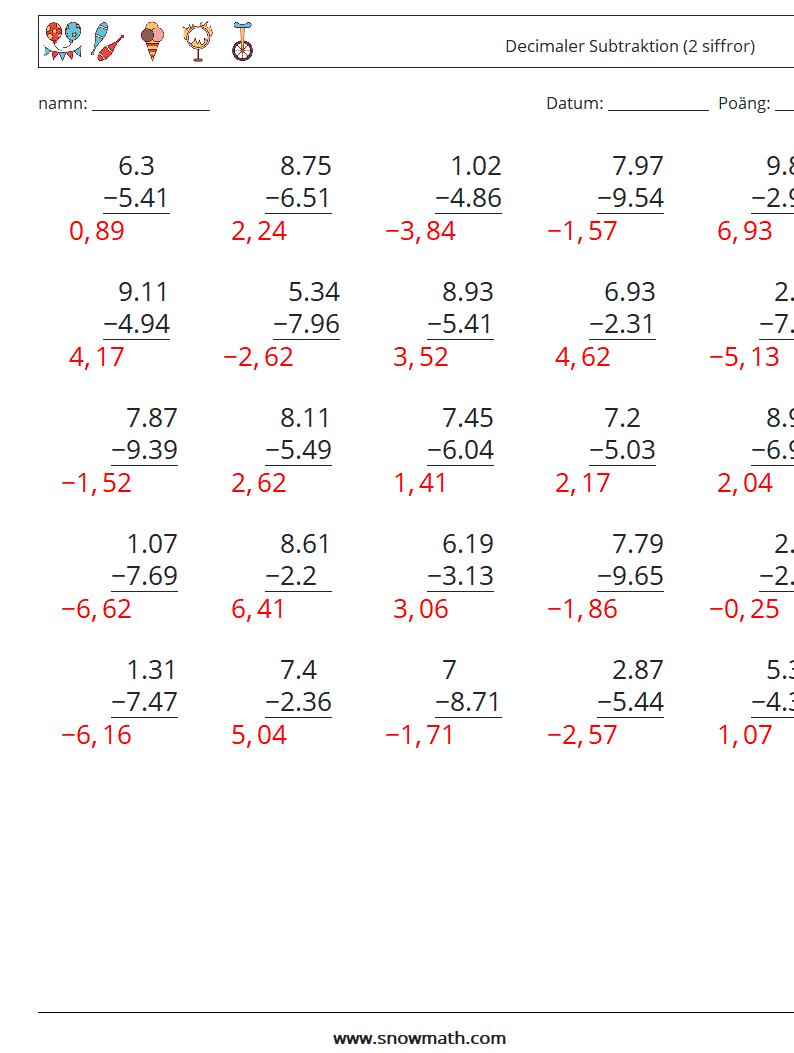 (25) Decimaler Subtraktion (2 siffror) Matematiska arbetsblad 16 Fråga, svar