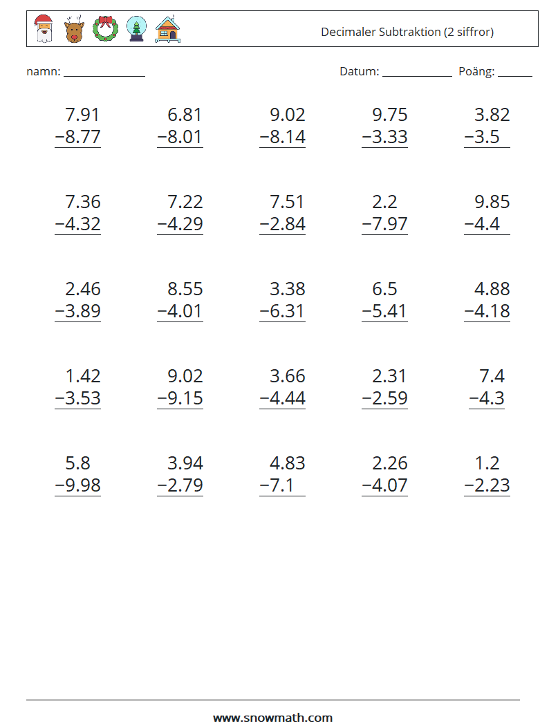 (25) Decimaler Subtraktion (2 siffror) Matematiska arbetsblad 17