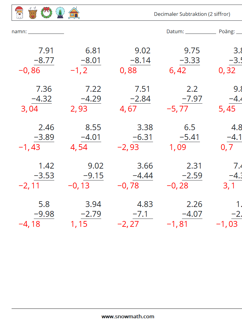 (25) Decimaler Subtraktion (2 siffror) Matematiska arbetsblad 17 Fråga, svar