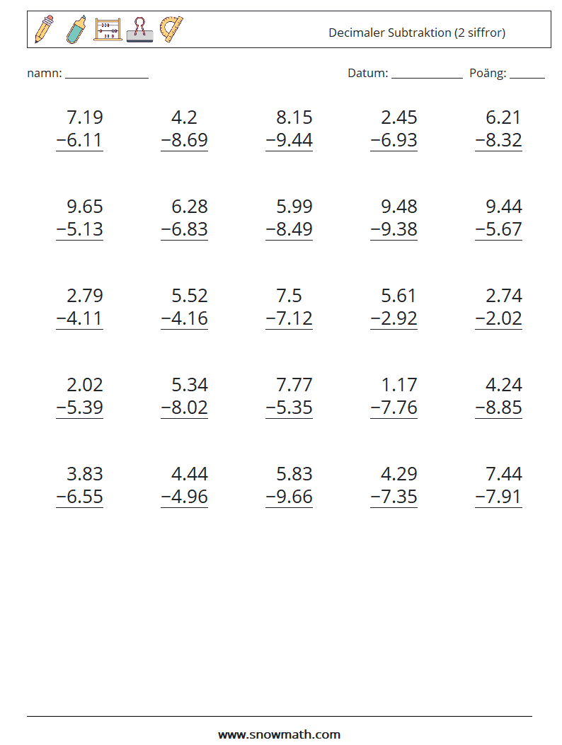 (25) Decimaler Subtraktion (2 siffror) Matematiska arbetsblad 18