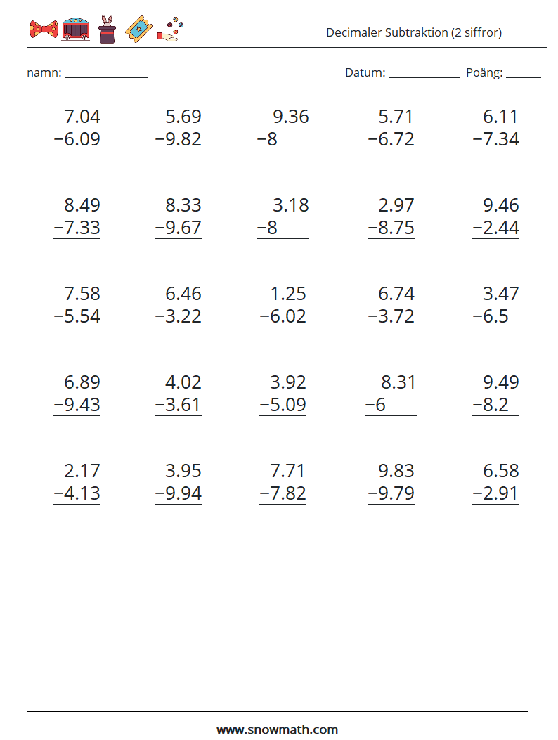 (25) Decimaler Subtraktion (2 siffror) Matematiska arbetsblad 2