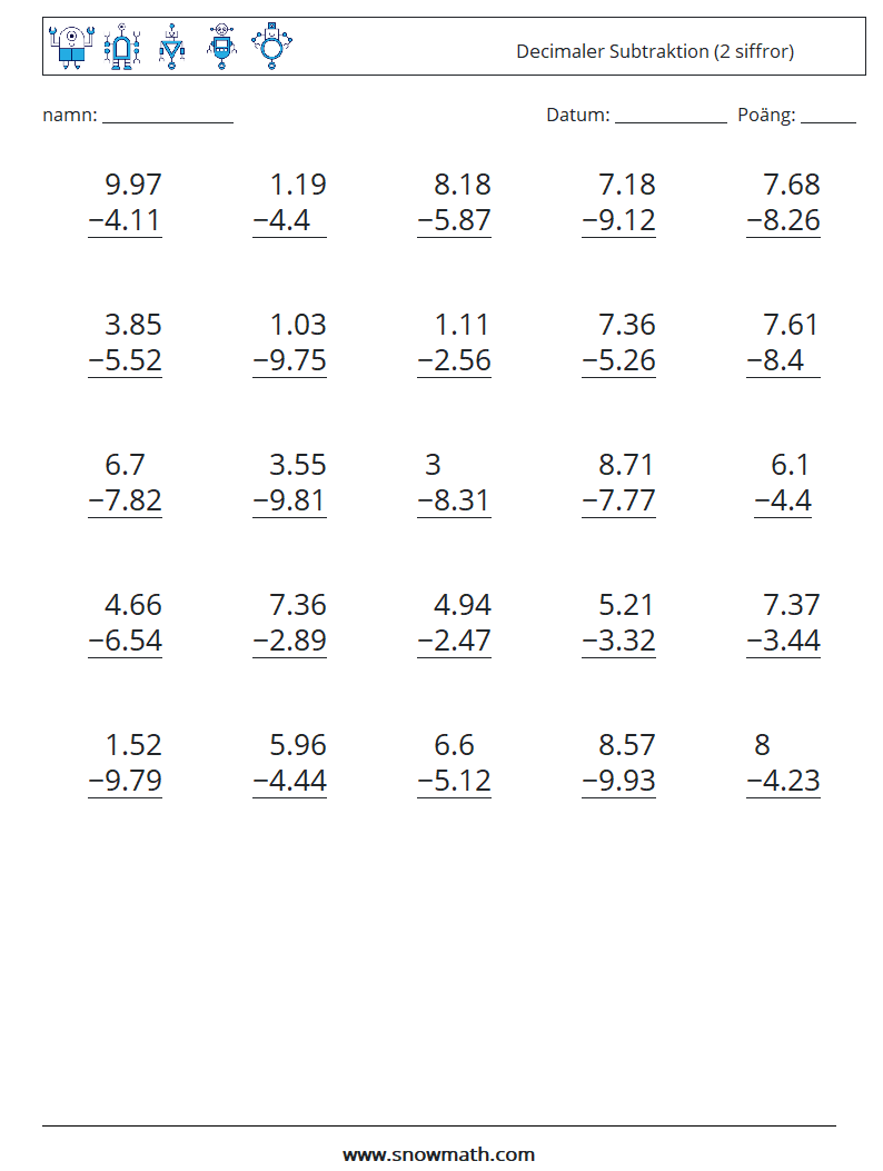 (25) Decimaler Subtraktion (2 siffror) Matematiska arbetsblad 3