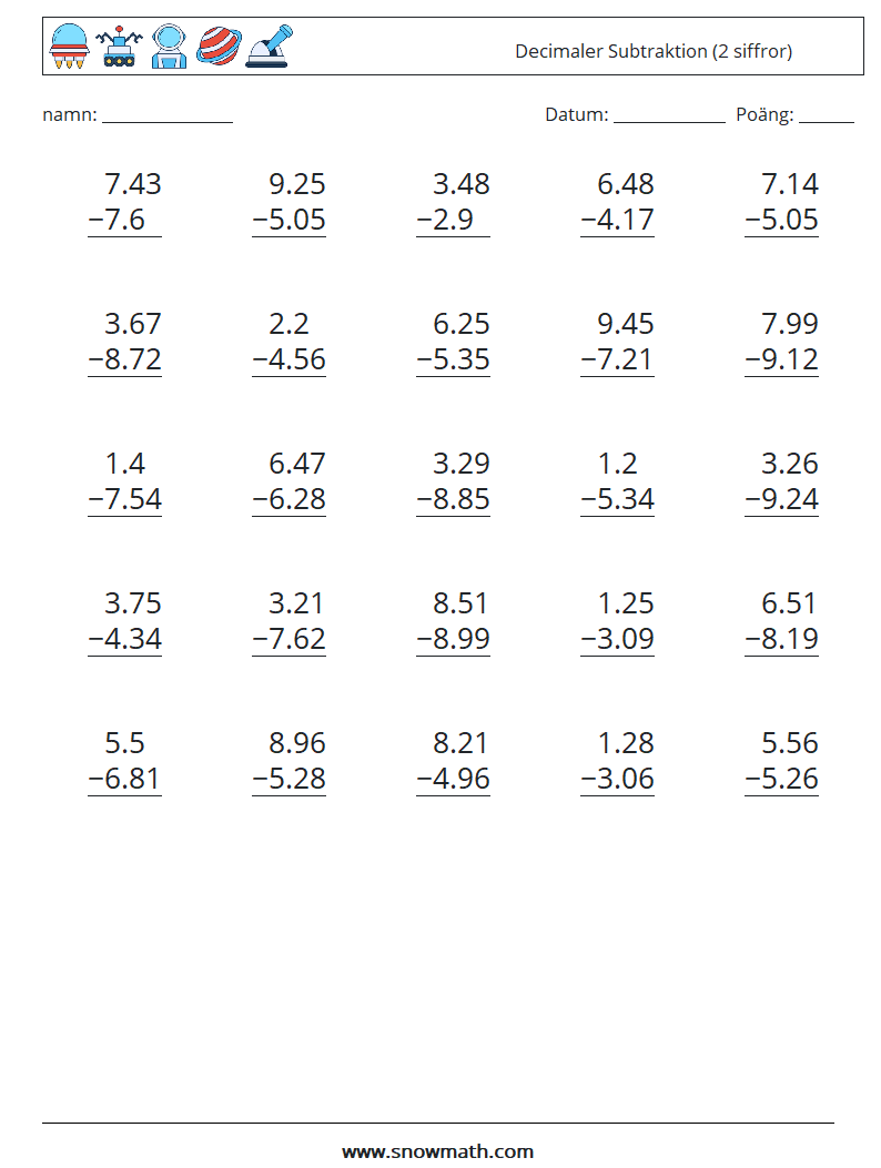 (25) Decimaler Subtraktion (2 siffror) Matematiska arbetsblad 4
