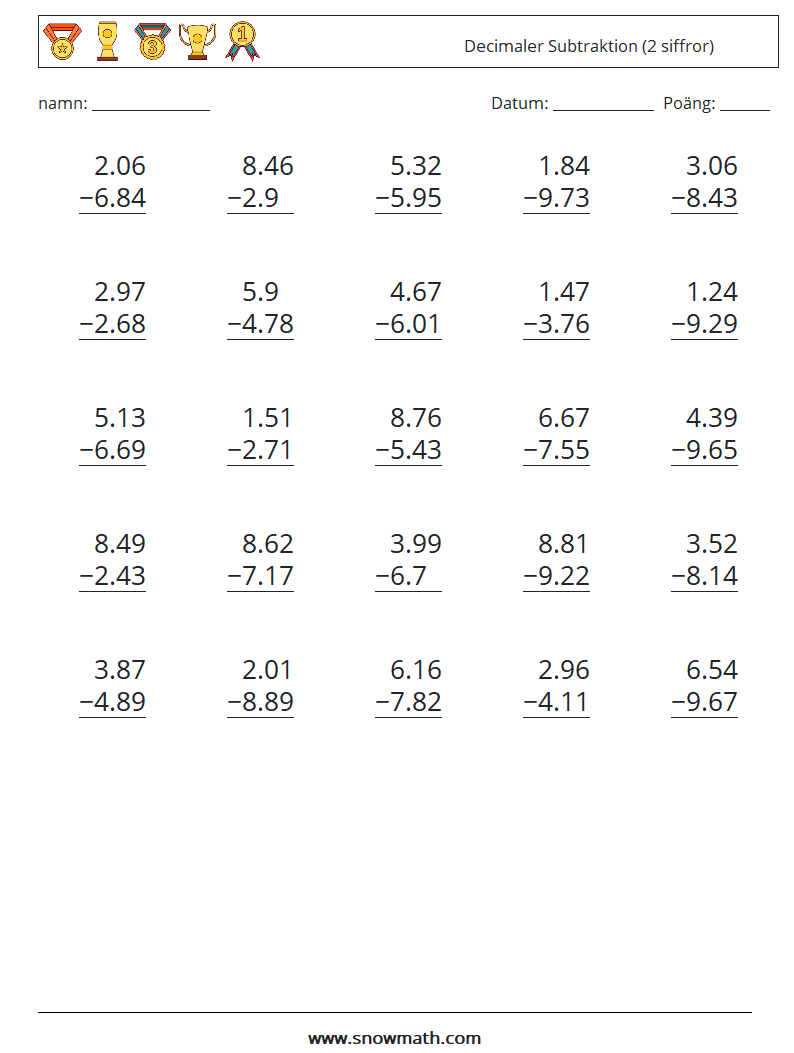 (25) Decimaler Subtraktion (2 siffror) Matematiska arbetsblad 6