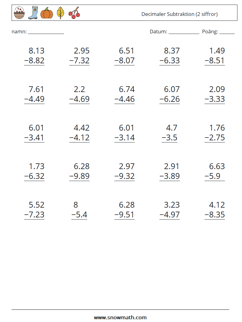 (25) Decimaler Subtraktion (2 siffror) Matematiska arbetsblad 7