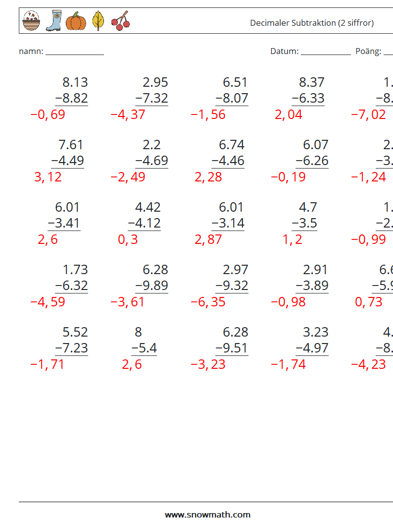 (25) Decimaler Subtraktion (2 siffror) Matematiska arbetsblad 7 Fråga, svar