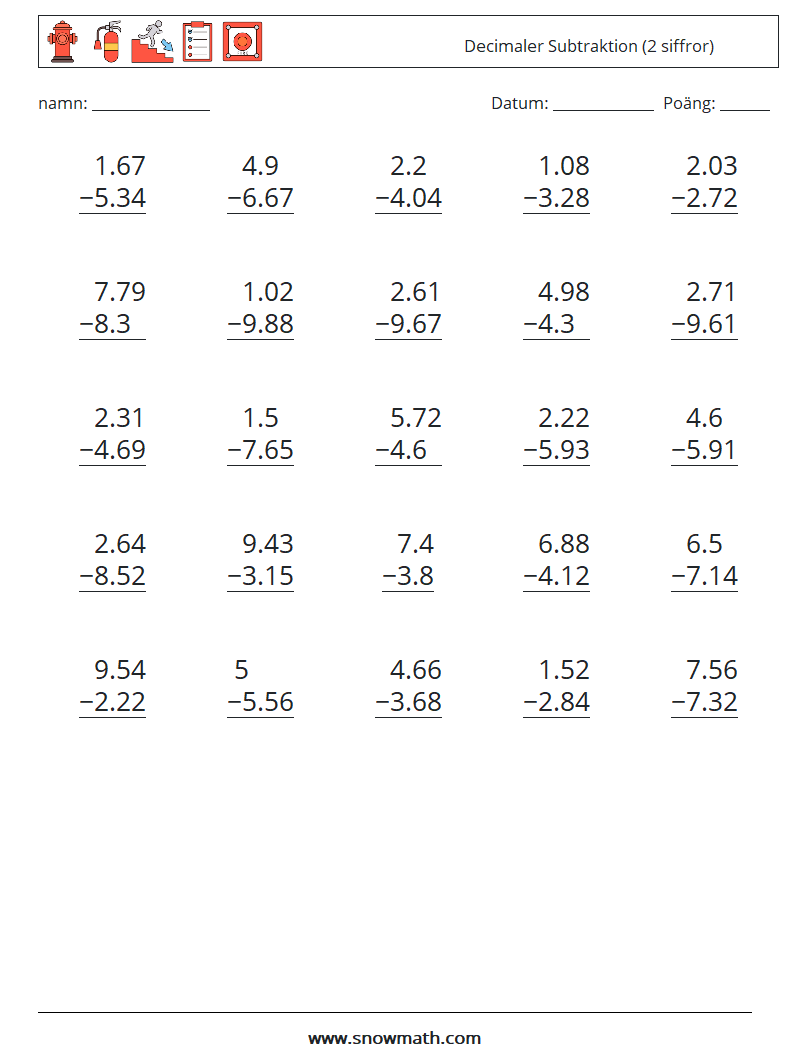 (25) Decimaler Subtraktion (2 siffror) Matematiska arbetsblad 8