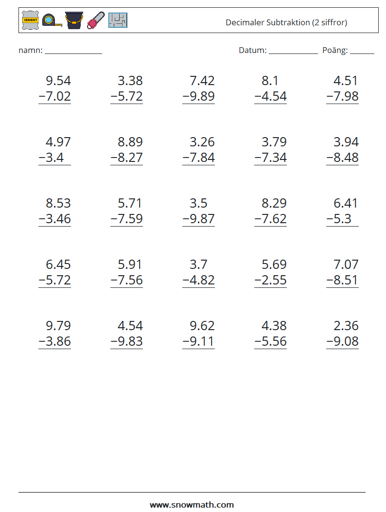 (25) Decimaler Subtraktion (2 siffror) Matematiska arbetsblad 9