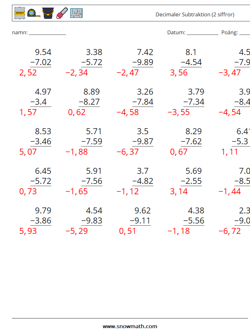 (25) Decimaler Subtraktion (2 siffror) Matematiska arbetsblad 9 Fråga, svar