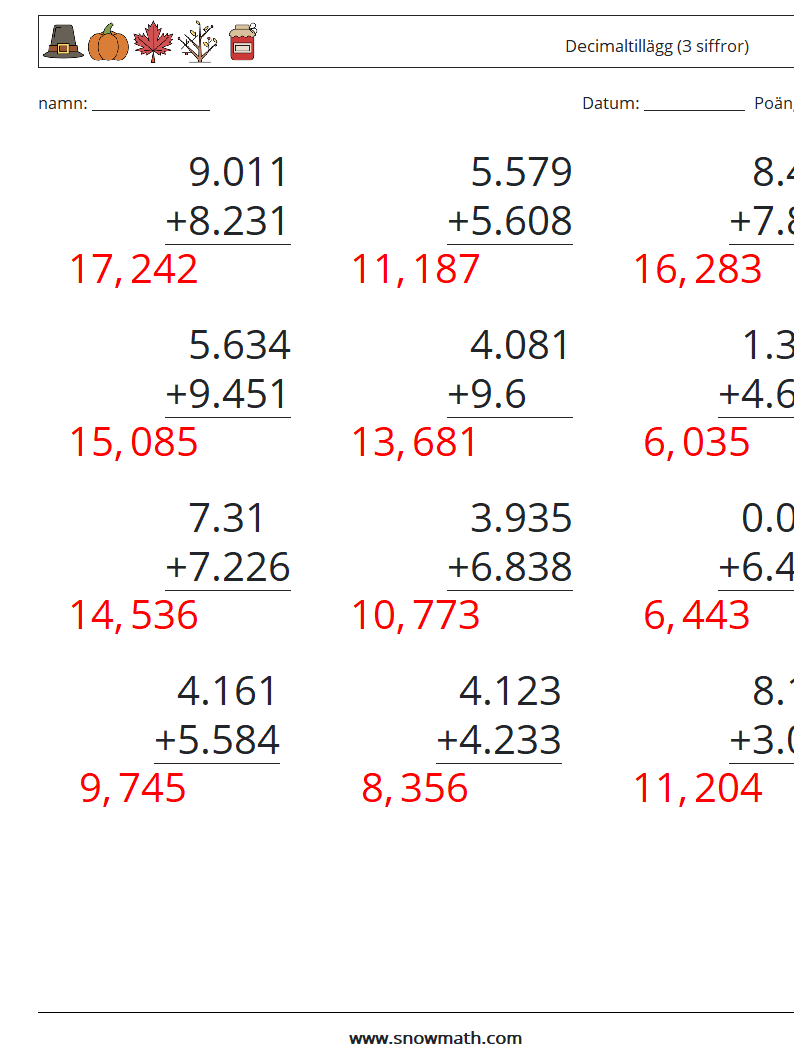 (12) Decimaltillägg (3 siffror) Matematiska arbetsblad 16 Fråga, svar