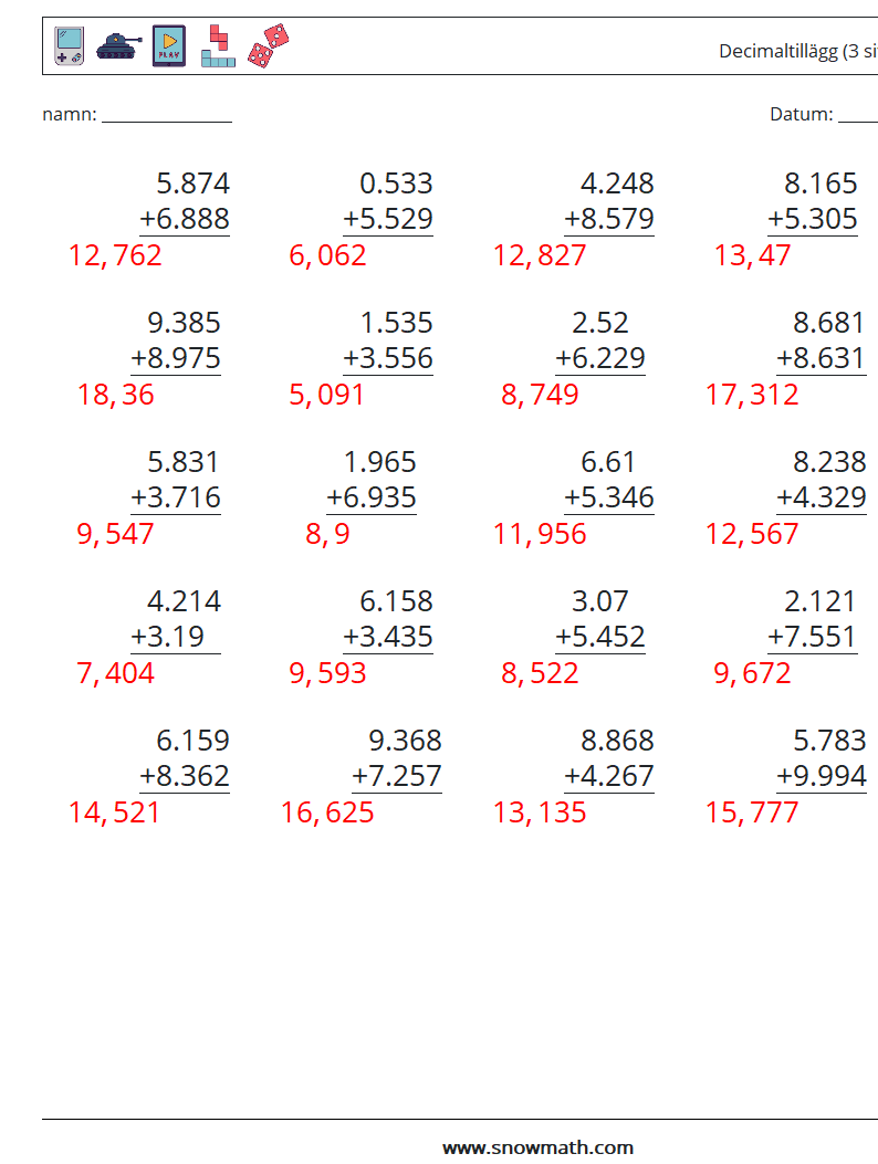 (25) Decimaltillägg (3 siffror) Matematiska arbetsblad 18 Fråga, svar