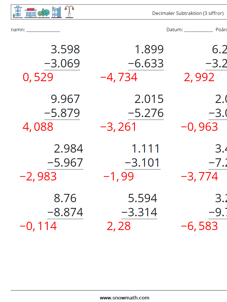 (12) Decimaler Subtraktion (3 siffror) Matematiska arbetsblad 10 Fråga, svar