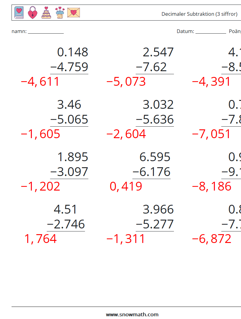 (12) Decimaler Subtraktion (3 siffror) Matematiska arbetsblad 11 Fråga, svar