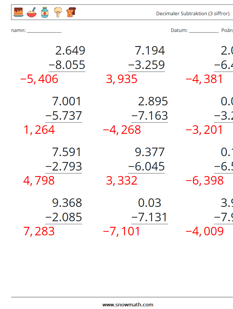 (12) Decimaler Subtraktion (3 siffror) Matematiska arbetsblad 12 Fråga, svar