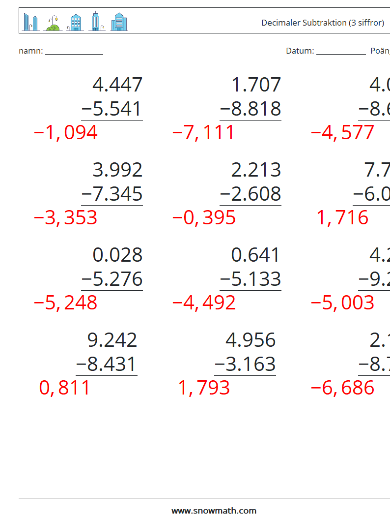 (12) Decimaler Subtraktion (3 siffror) Matematiska arbetsblad 18 Fråga, svar