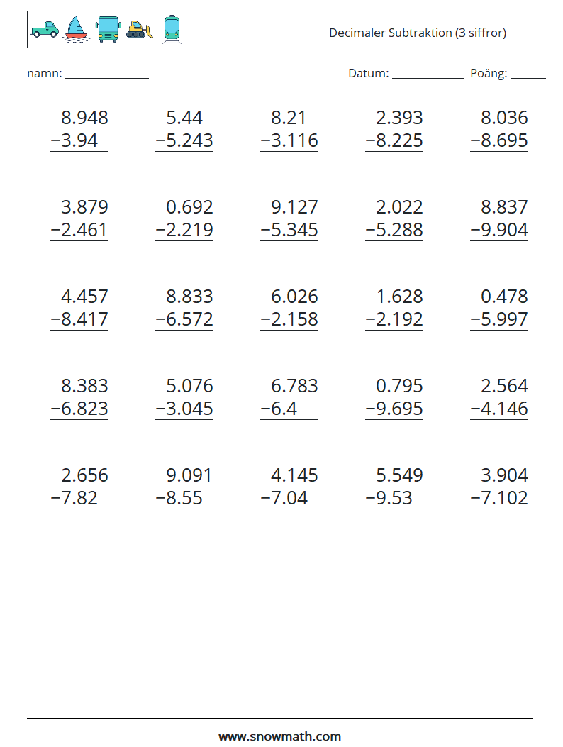(25) Decimaler Subtraktion (3 siffror)