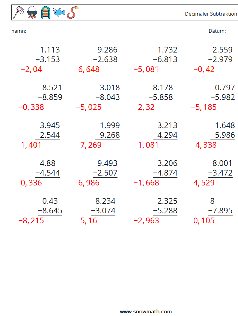 (25) Decimaler Subtraktion (3 siffror) Matematiska arbetsblad 13 Fråga, svar