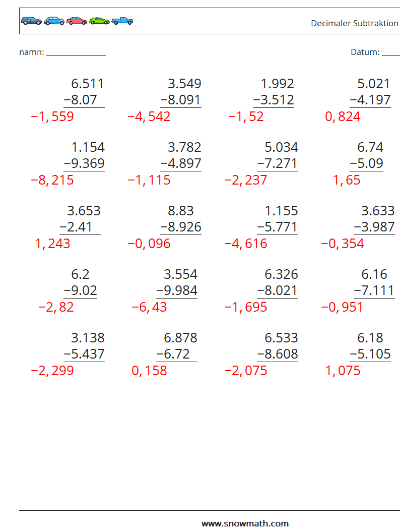 (25) Decimaler Subtraktion (3 siffror) Matematiska arbetsblad 16 Fråga, svar