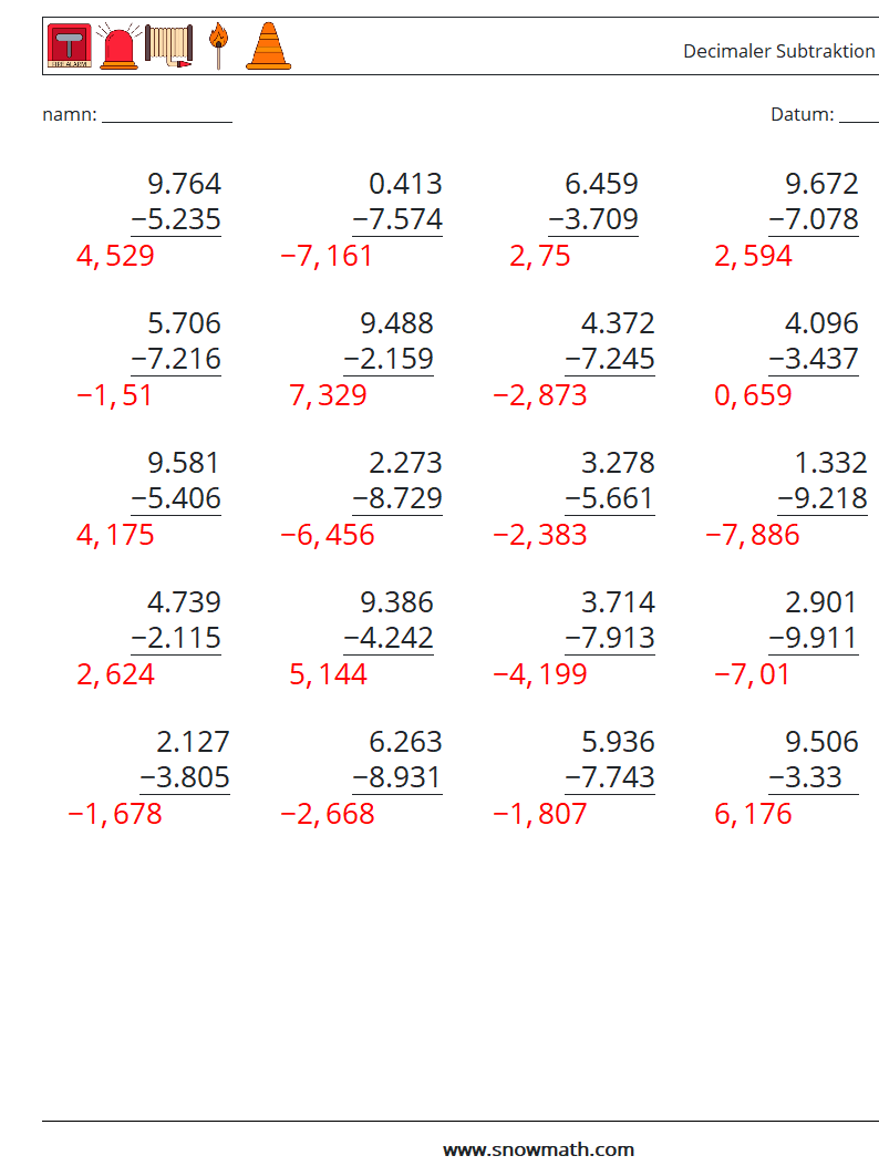 (25) Decimaler Subtraktion (3 siffror) Matematiska arbetsblad 18 Fråga, svar