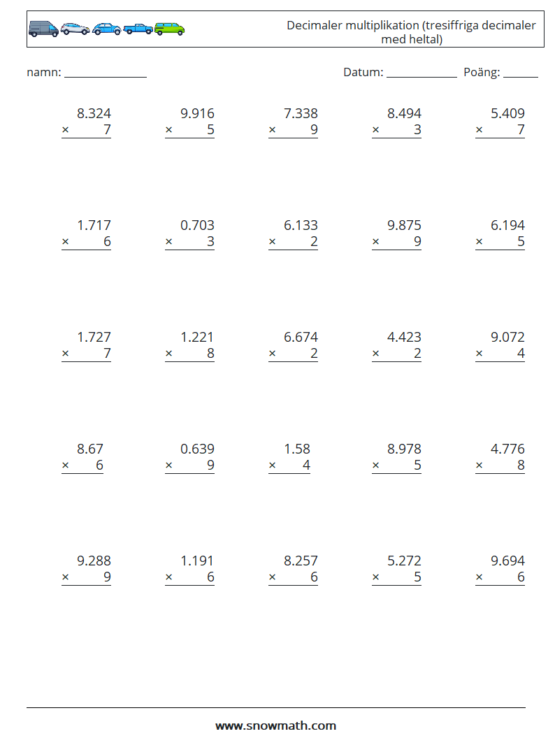 (25) Decimaler multiplikation (tresiffriga decimaler med heltal) Matematiska arbetsblad 10