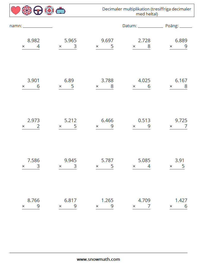 (25) Decimaler multiplikation (tresiffriga decimaler med heltal) Matematiska arbetsblad 12