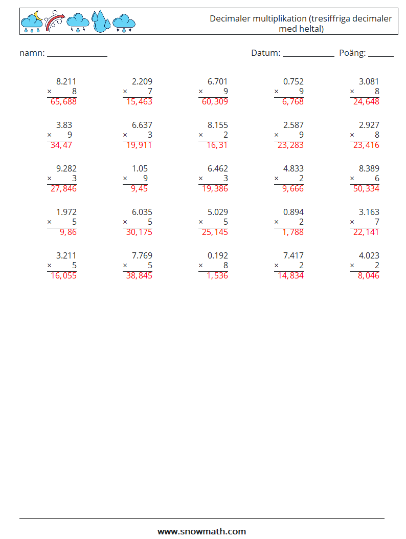 (25) Decimaler multiplikation (tresiffriga decimaler med heltal) Matematiska arbetsblad 14 Fråga, svar