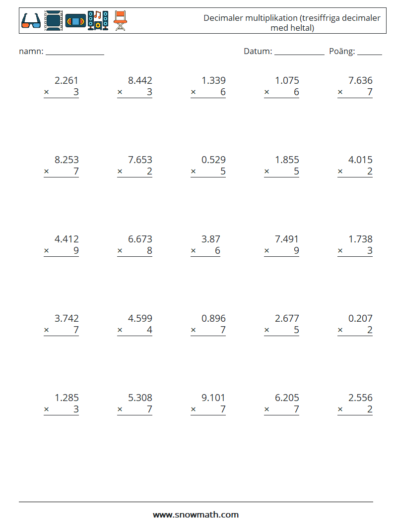(25) Decimaler multiplikation (tresiffriga decimaler med heltal) Matematiska arbetsblad 16