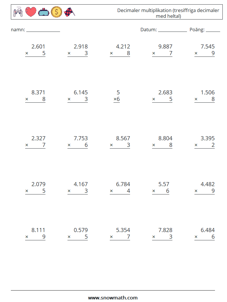 (25) Decimaler multiplikation (tresiffriga decimaler med heltal) Matematiska arbetsblad 18