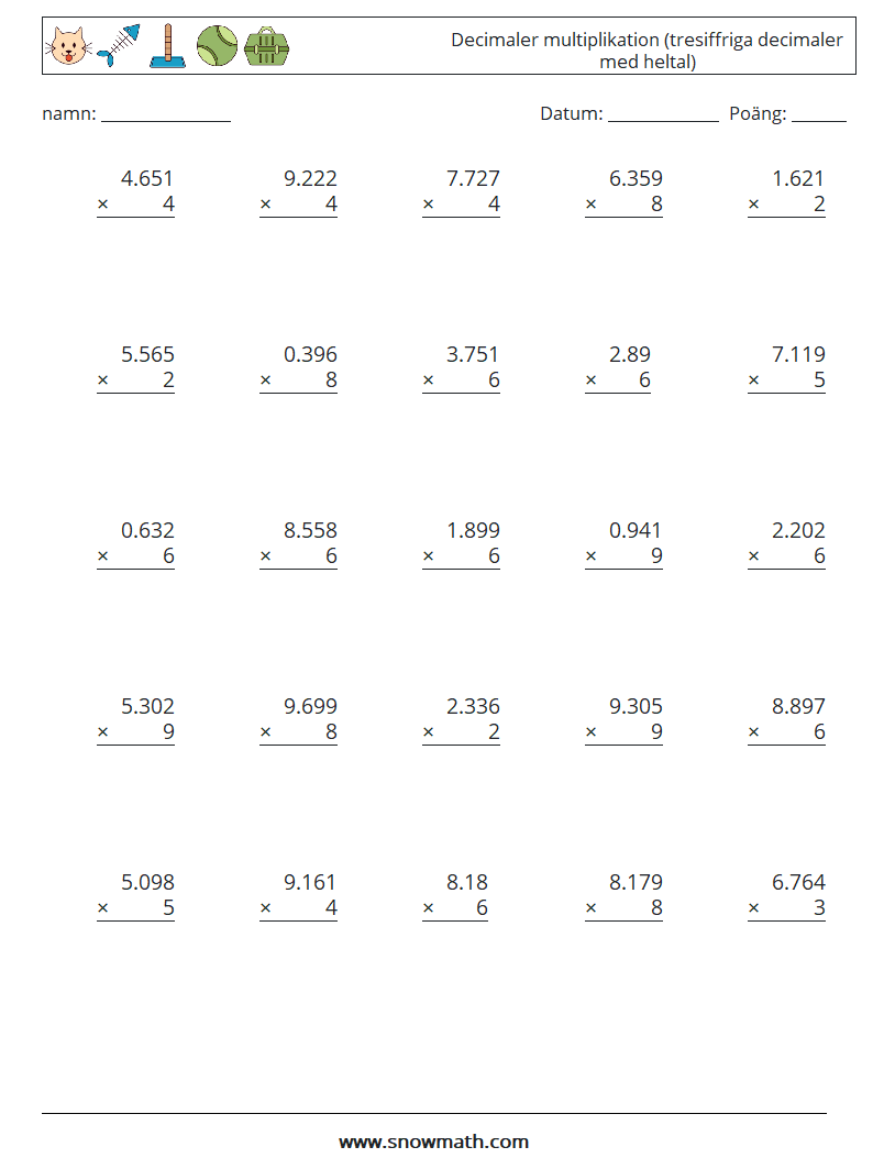 (25) Decimaler multiplikation (tresiffriga decimaler med heltal) Matematiska arbetsblad 2