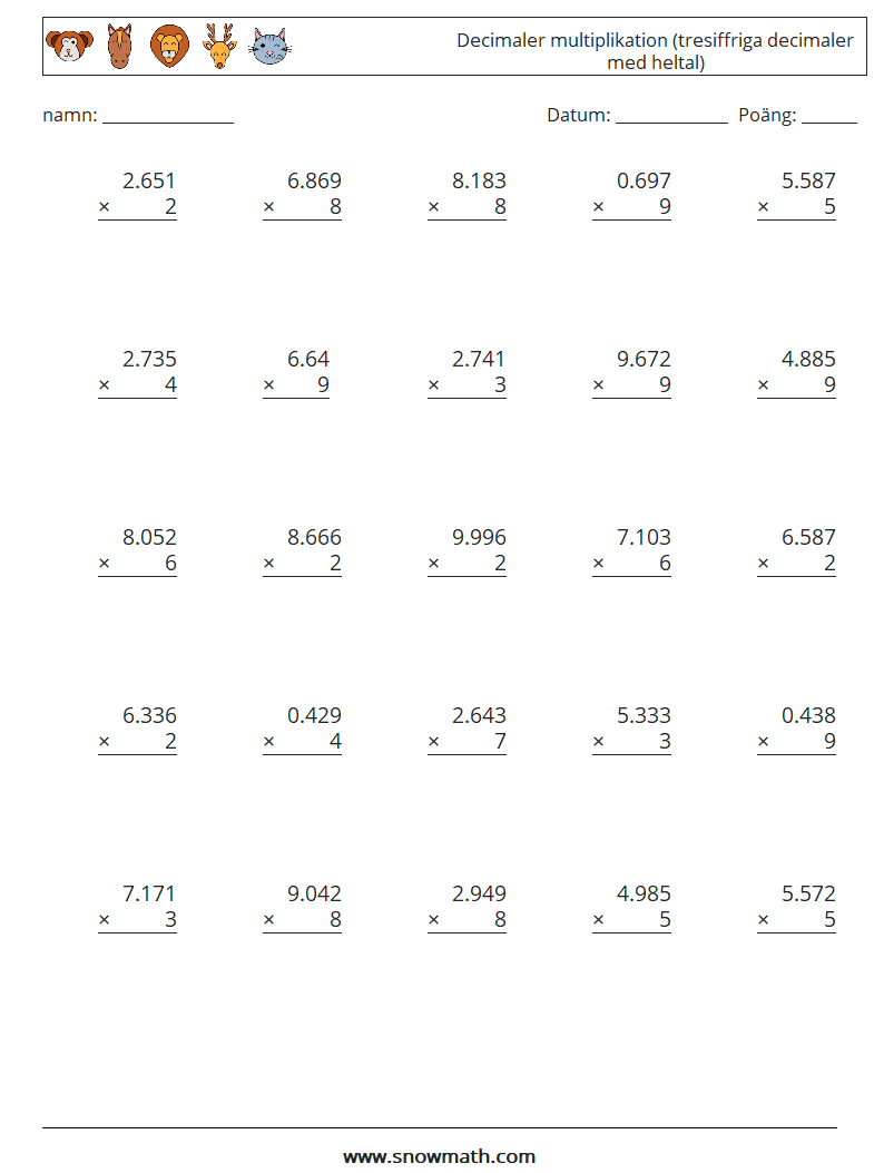 (25) Decimaler multiplikation (tresiffriga decimaler med heltal) Matematiska arbetsblad 3