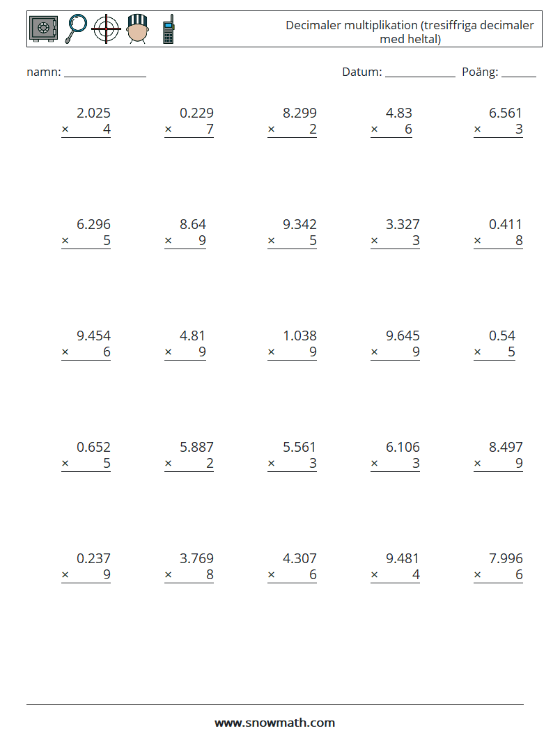 (25) Decimaler multiplikation (tresiffriga decimaler med heltal) Matematiska arbetsblad 9