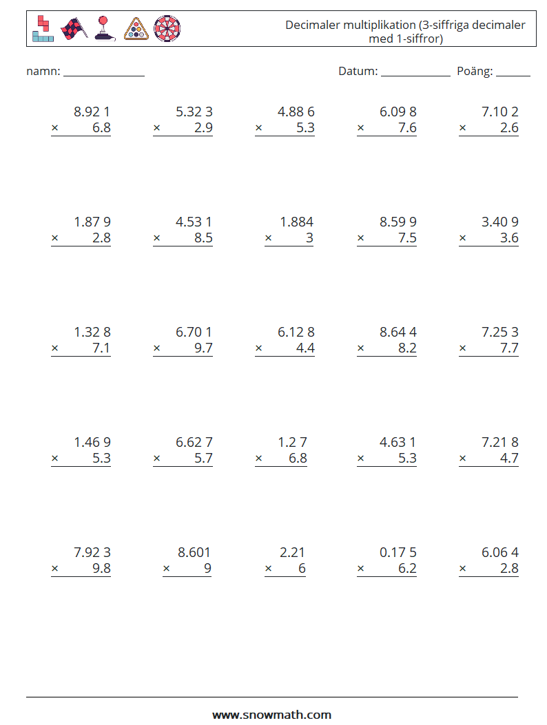 (25) Decimaler multiplikation (3-siffriga decimaler med 1-siffror) Matematiska arbetsblad 1